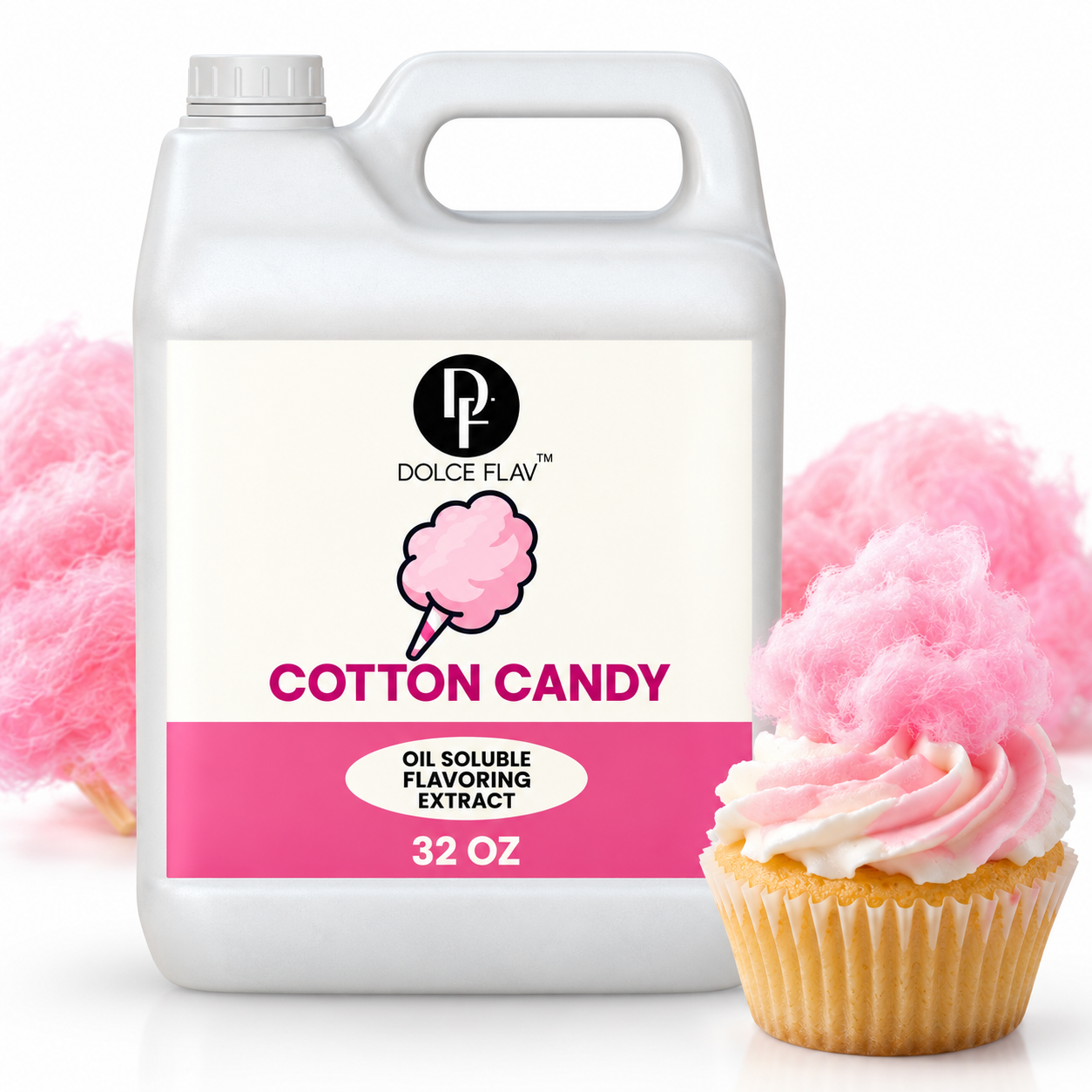 Dolce Flav oil-soluble cotton candy flavoring — 32 oz container with dessert.