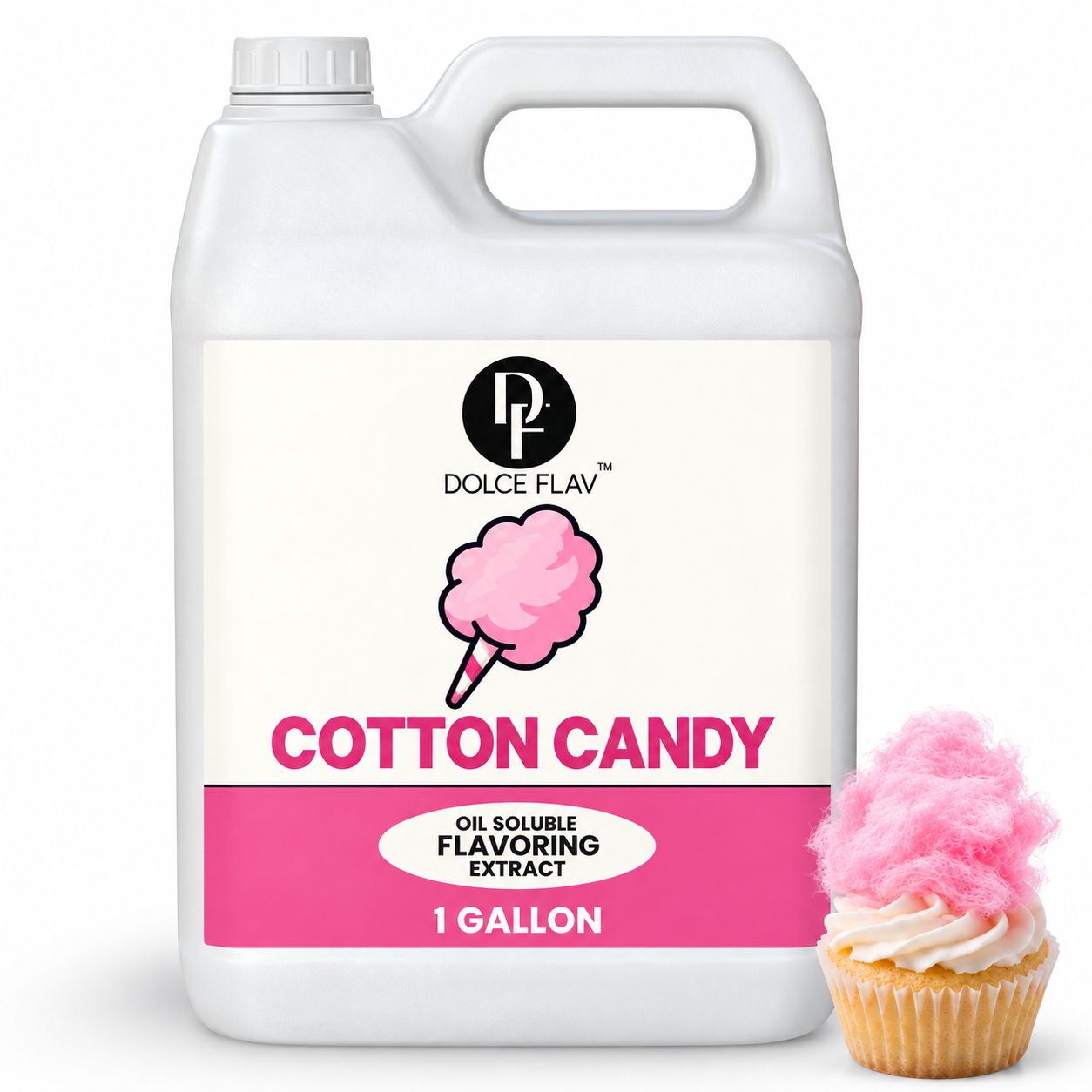 Dolce Flav oil-soluble cotton candy flavoring — 1 gallon container with dessert.