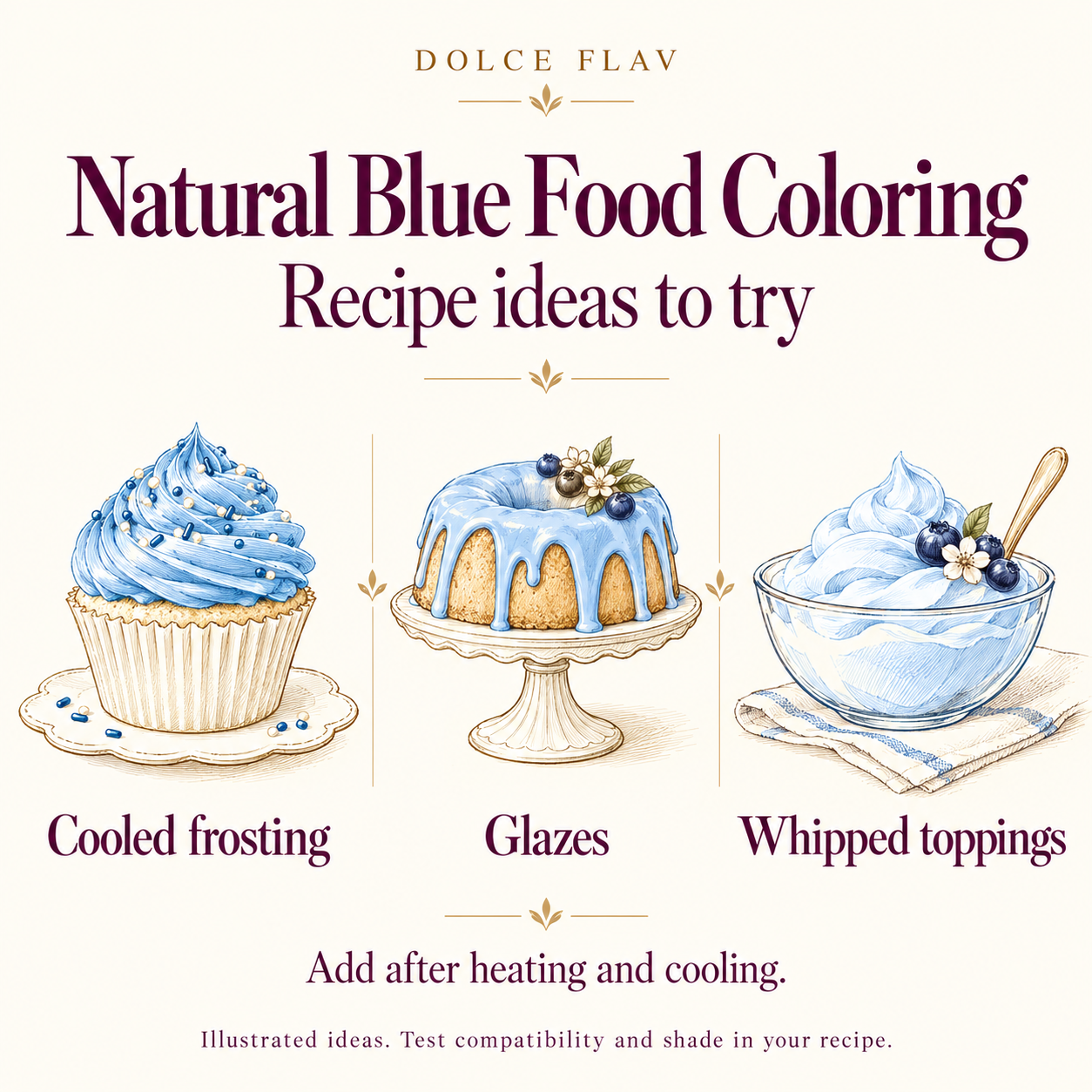 Natural Blue Food Coloring illustrated recipe ideas for Cooled frosting, Glazes, Whipped toppings; test actual recipe compatibility and shade