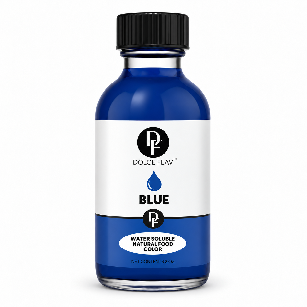 Natural Blue Food Color Water Soluble 2 oz bottle with black cap on a white background