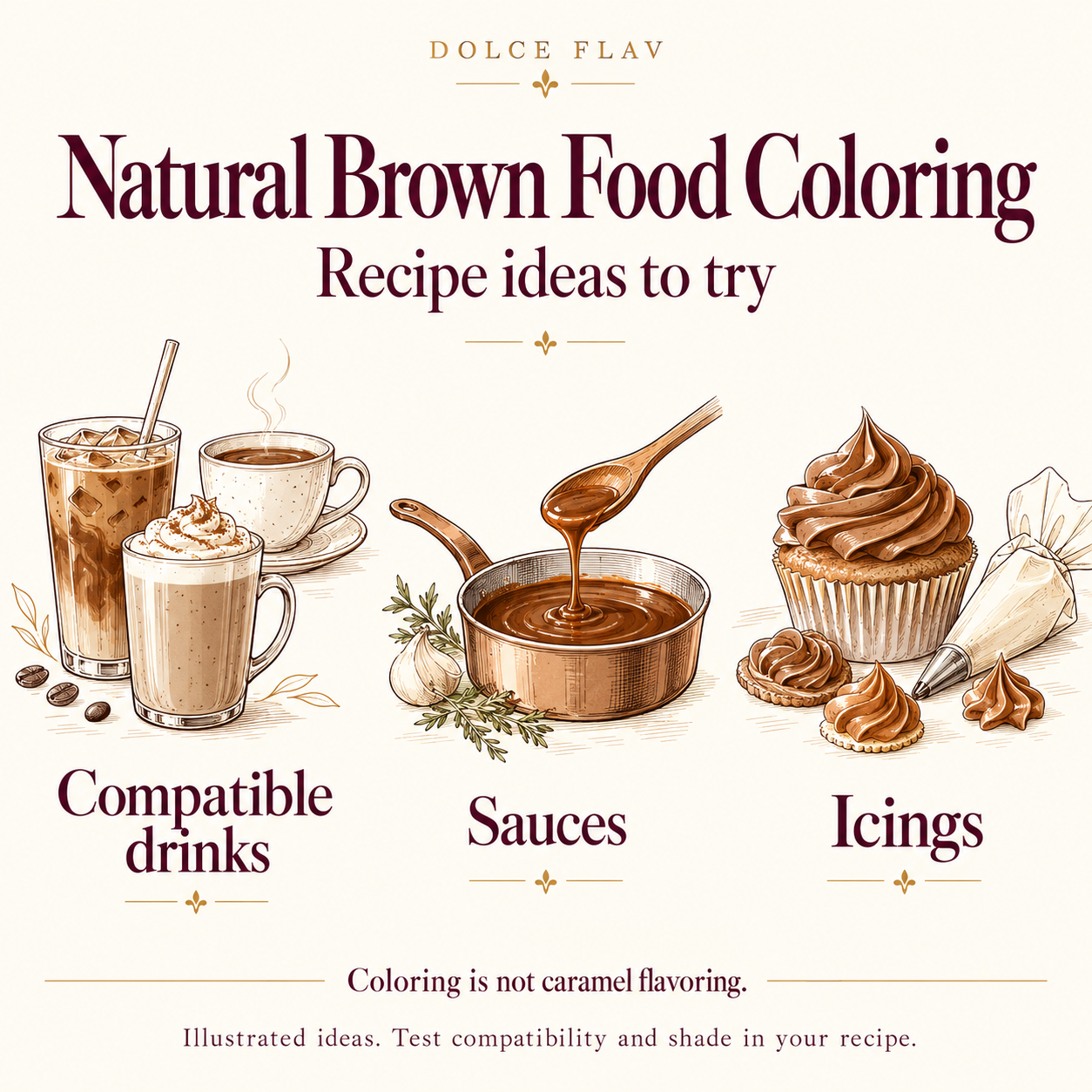 Natural Brown Food Coloring illustrated recipe ideas for Compatible drinks, Sauces, Icings; test actual recipe compatibility and shade