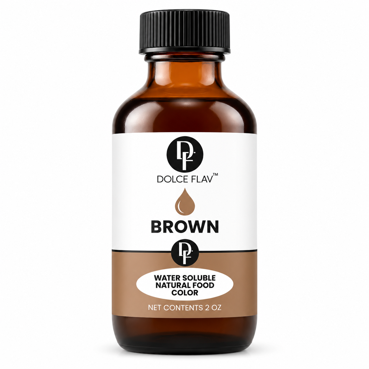 Natural Brown Food Color - Water Soluble 2 oz bottle with black cap on a white background