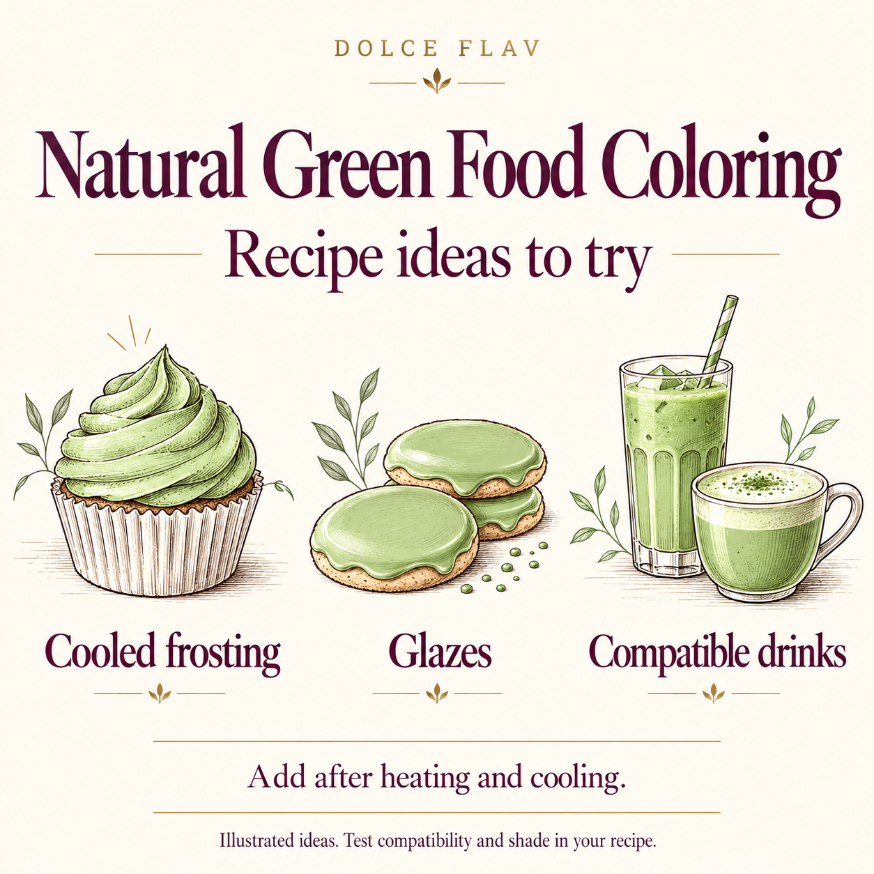 Natural Green Food Coloring illustrated recipe ideas for Cooled frosting, Glazes, Compatible drinks; test actual recipe compatibility and shade
