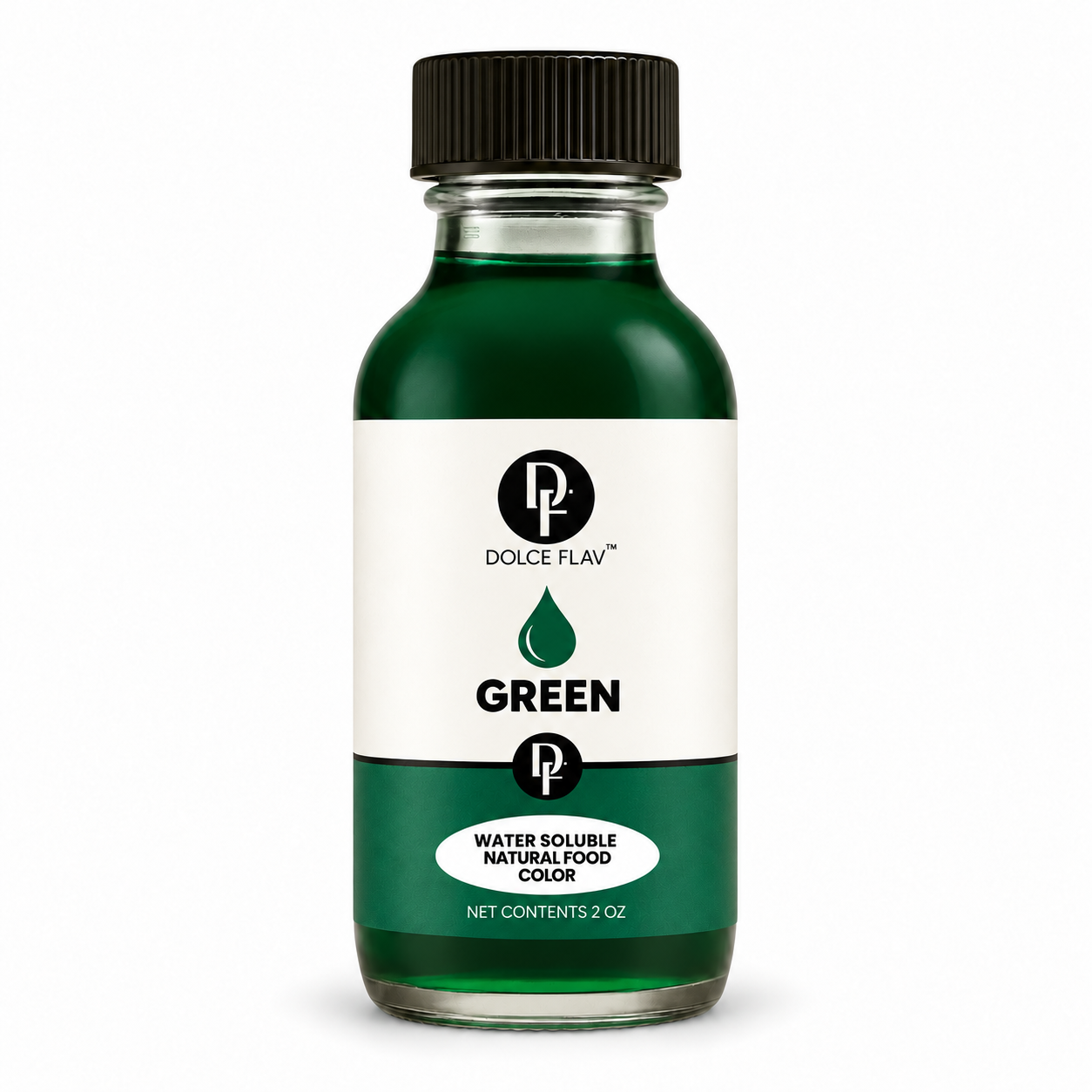 Natural Green Food Color - Water Soluble 2 oz bottle with black cap on a white background