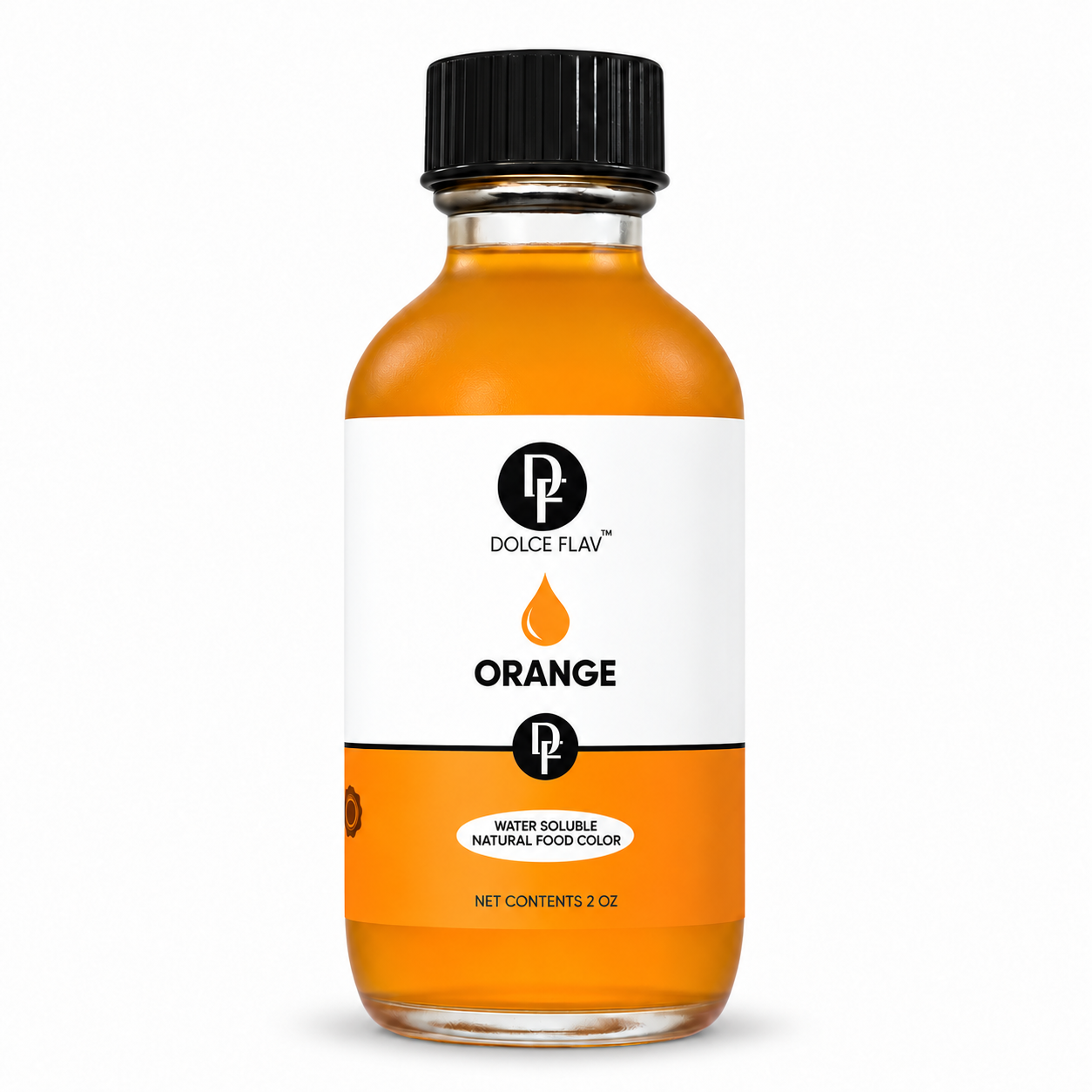 Natural Orange Food Color 2 oz bottle with black cap on a white background
