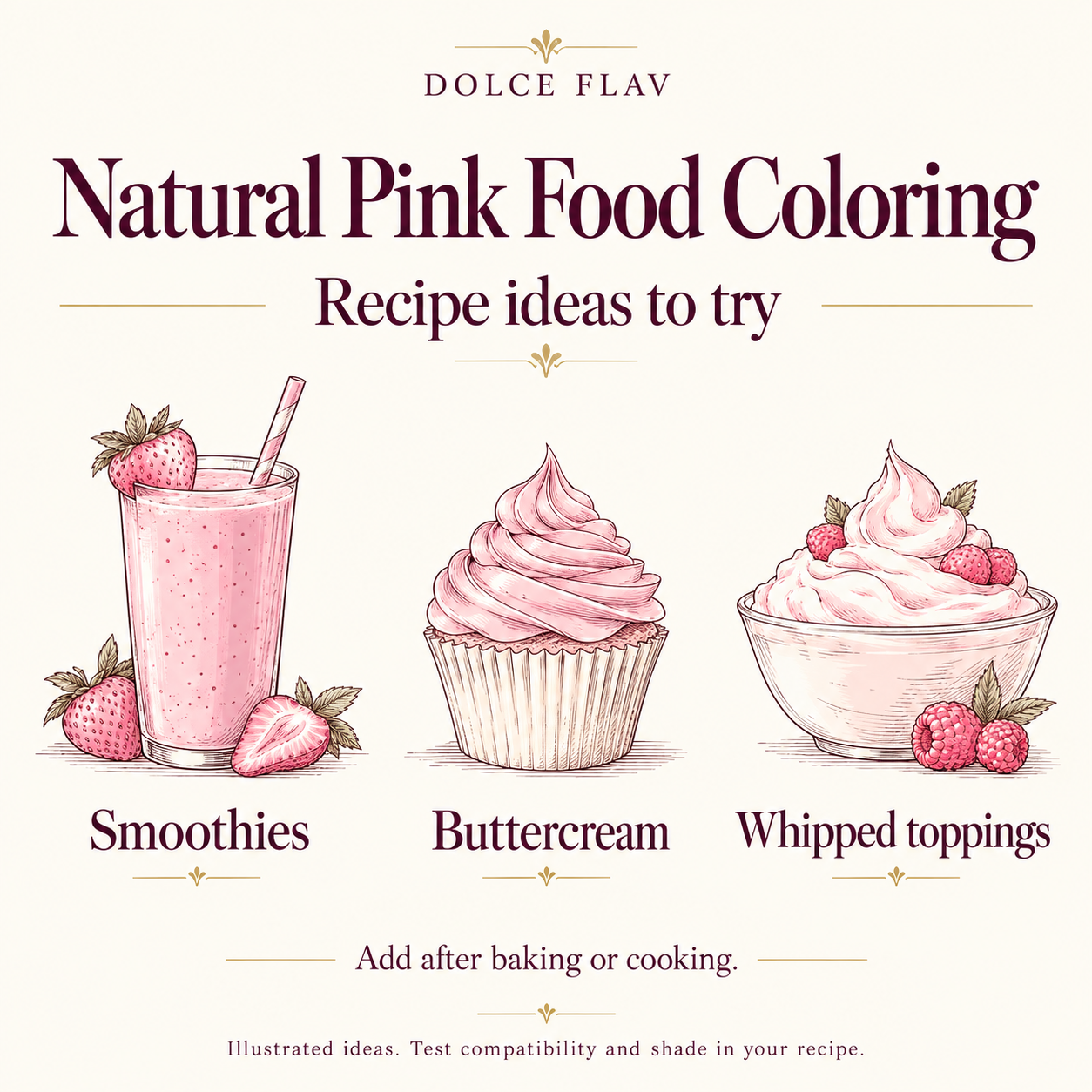 Natural Pink Food Coloring illustrated recipe ideas for Smoothies, Buttercream, Whipped toppings; test actual recipe compatibility and shade
