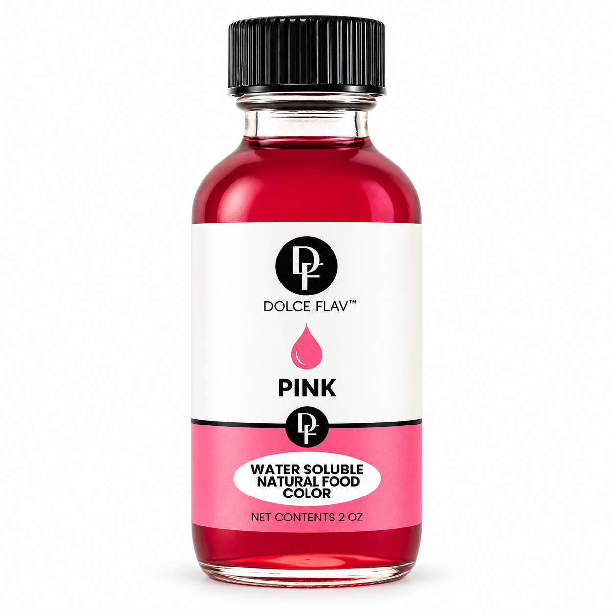 Natural Pink Food Color - Water Soluble 2 oz bottle with black cap on a white background