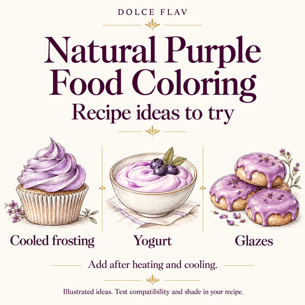 Natural Purple Food Coloring illustrated recipe ideas for Cooled frosting, Yogurt, Glazes; test actual recipe compatibility and shade
