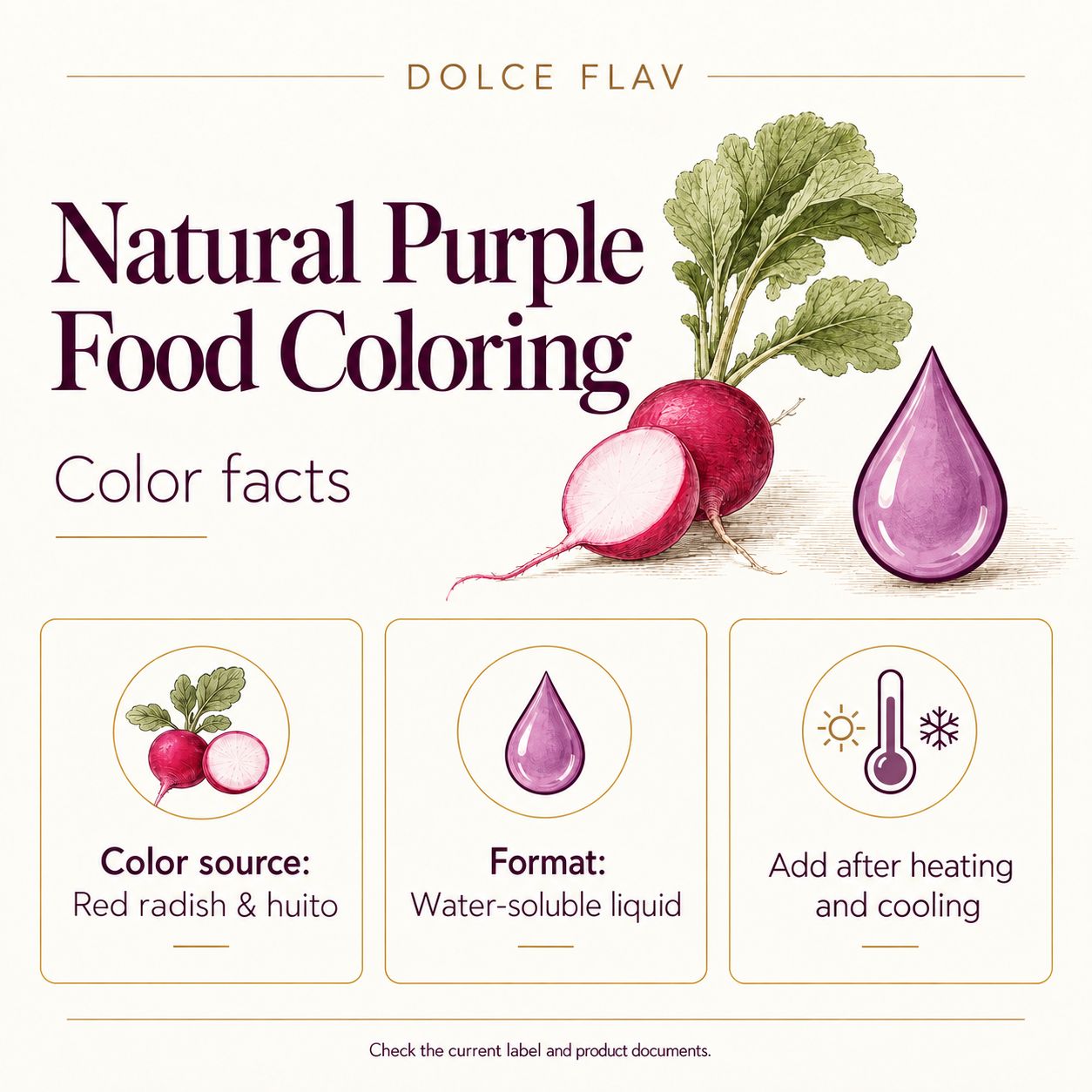 Dolce Flav purple radish facts guide showing current product facts