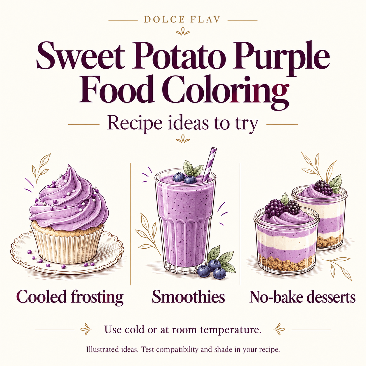 Sweet Potato Purple Food Coloring illustrated recipe ideas for Cooled frosting, Smoothies, No-bake desserts; test actual recipe compatibility and shade