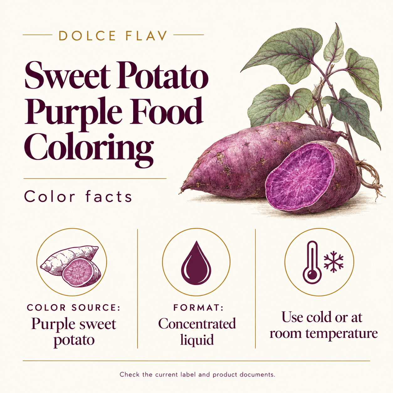 Dolce Flav purple sweet potato facts guide showing current product facts