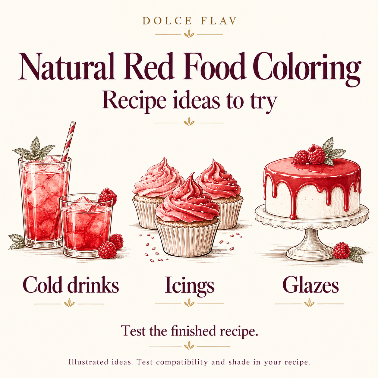 Natural Red Food Coloring illustrated recipe ideas for Cold drinks, Icings, Glazes; test actual recipe compatibility and shade