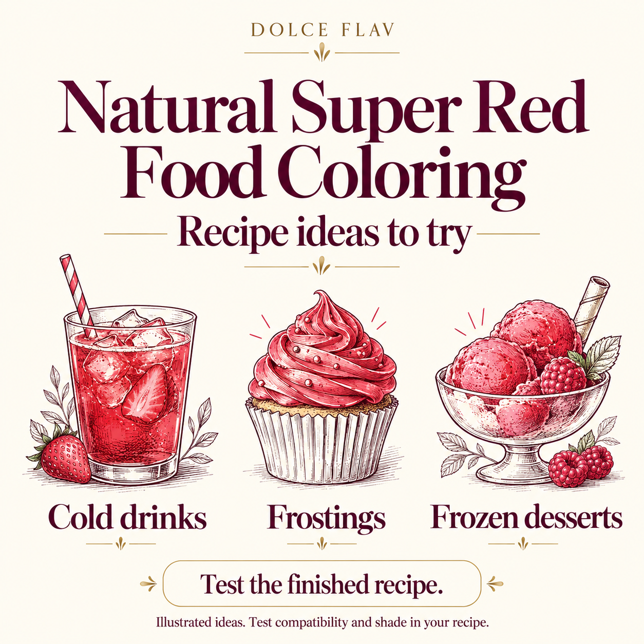 Natural Super Red Food Coloring illustrated recipe ideas for Cold drinks, Frostings, Frozen desserts; test actual recipe compatibility and shade