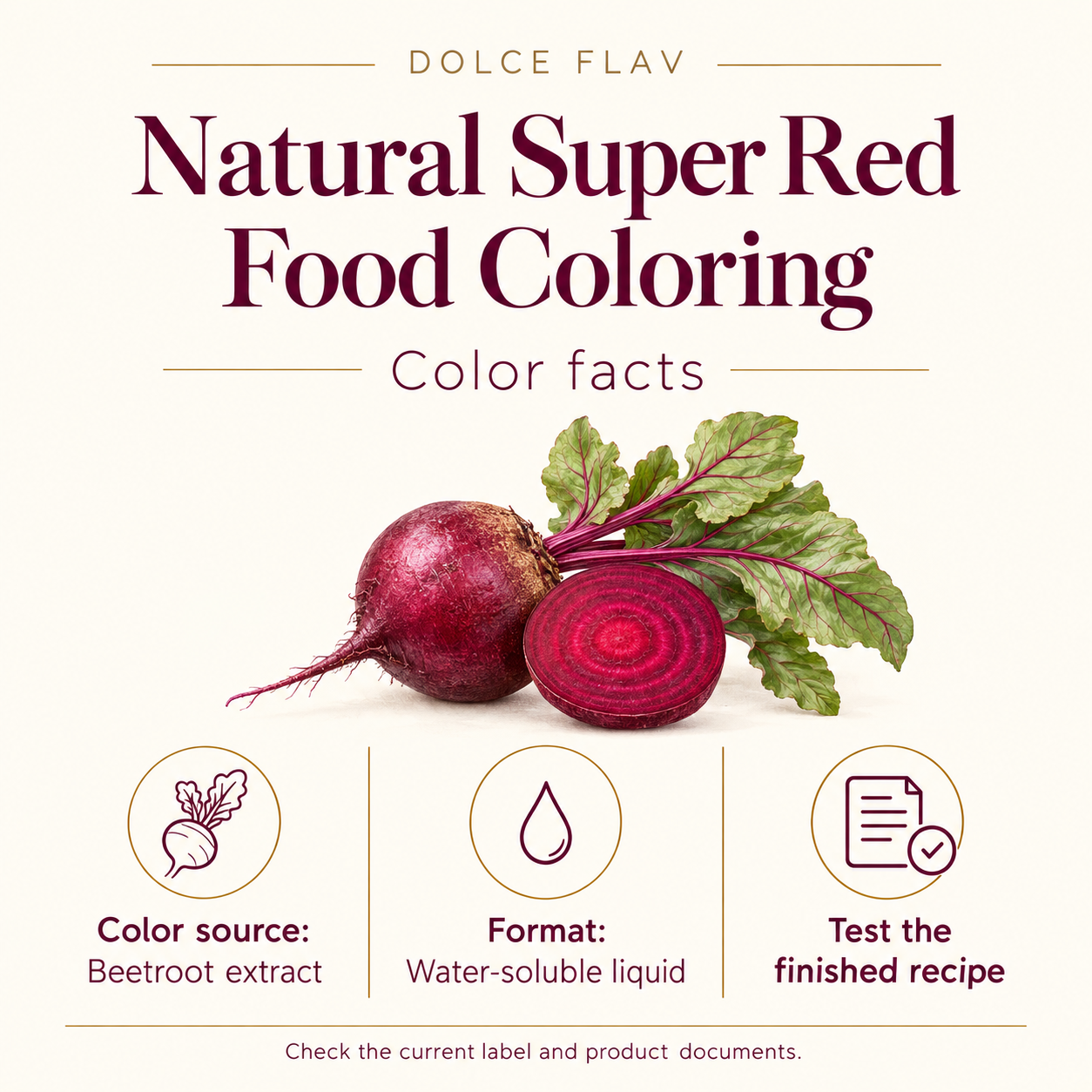 Dolce Flav super red facts guide showing current product facts
