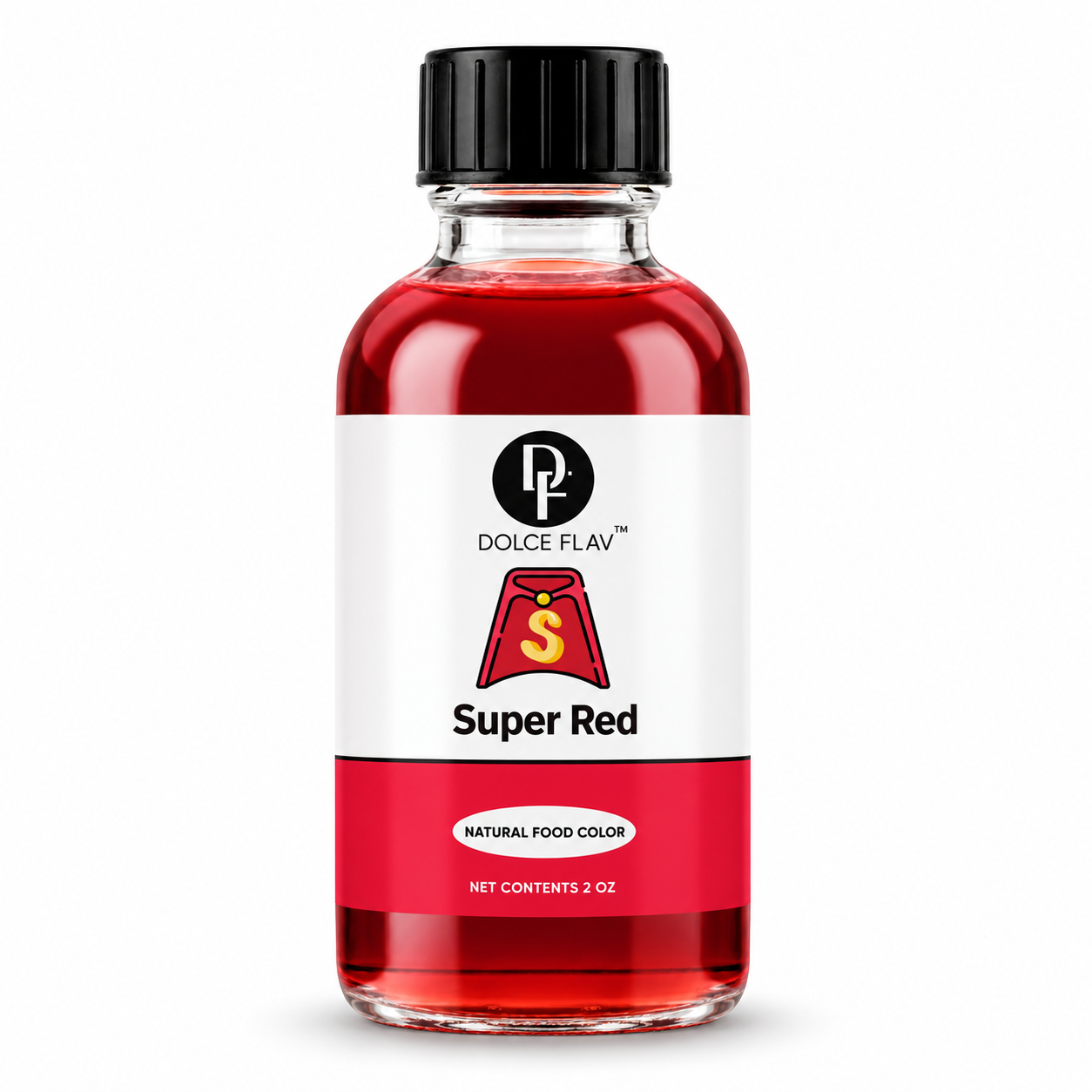 Natural Super Red Food Coloring 2 oz bottle with black cap on a white background