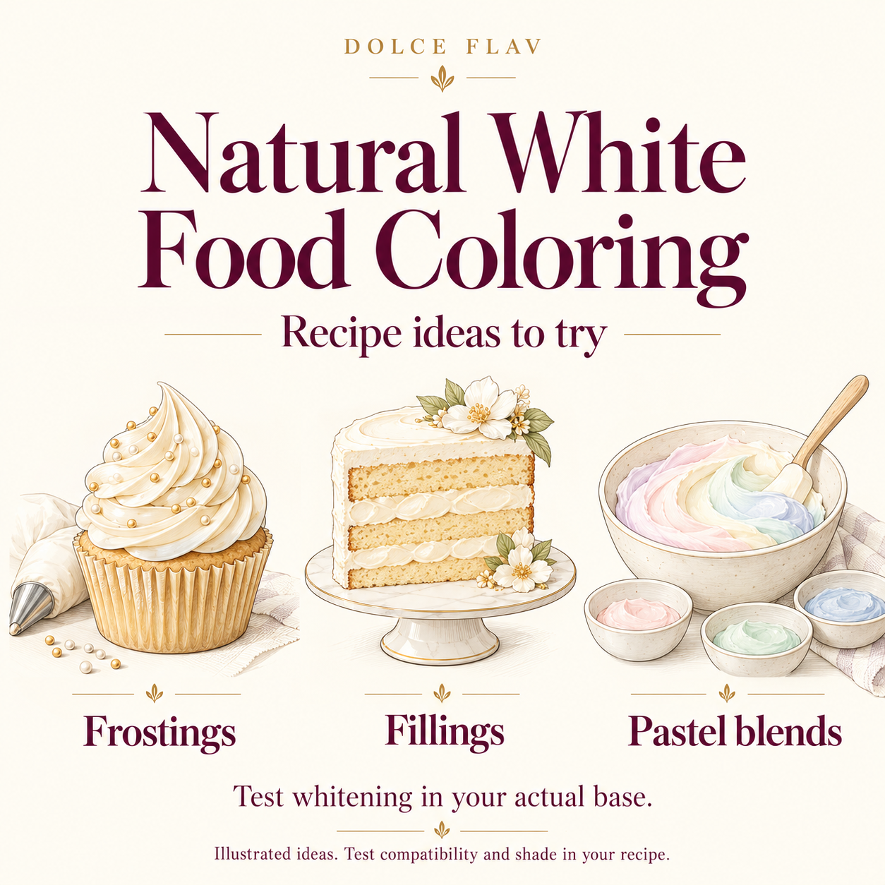 Natural White Food Coloring illustrated recipe ideas for Frostings, Fillings, Pastel blends; test actual recipe compatibility and shade