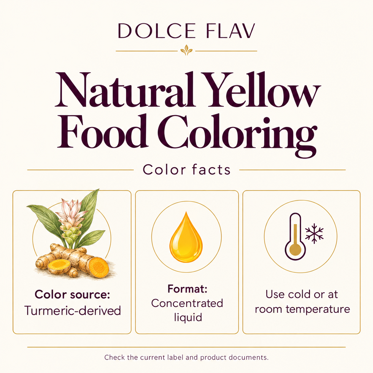 Dolce Flav yellow facts guide showing current product facts