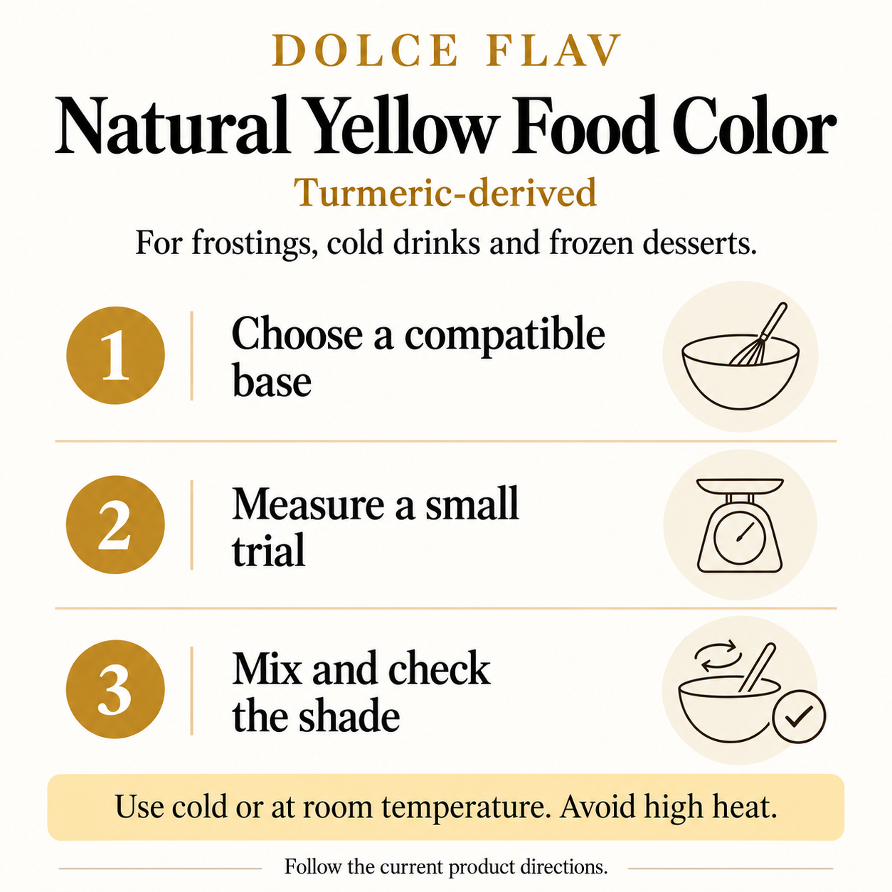 Natural Yellow Food Color usage guide: choose a compatible base, measure a small trial, mix and check the shade; follow current product directions