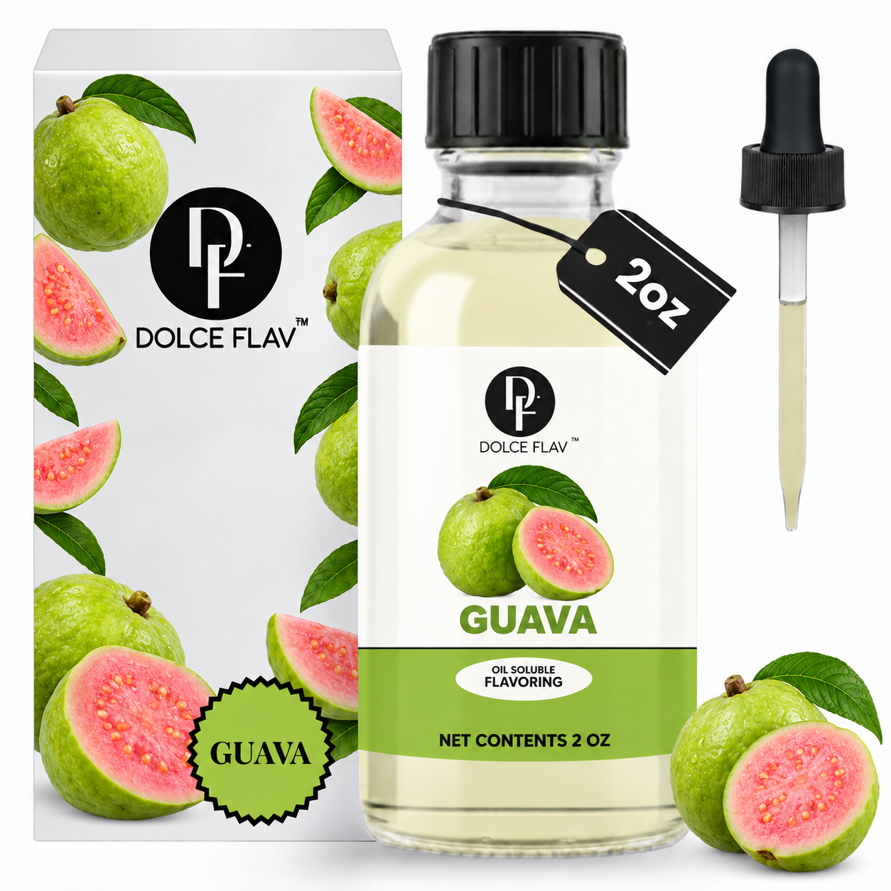 Dolce Flav guava oil-soluble flavoring, 2 oz bottle with illustrated guava carton and dropper.
