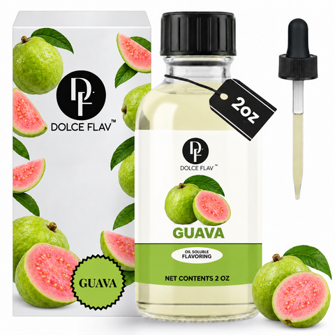 Dolce Flav guava oil-soluble flavoring, 2 oz bottle with illustrated guava carton and dropper.