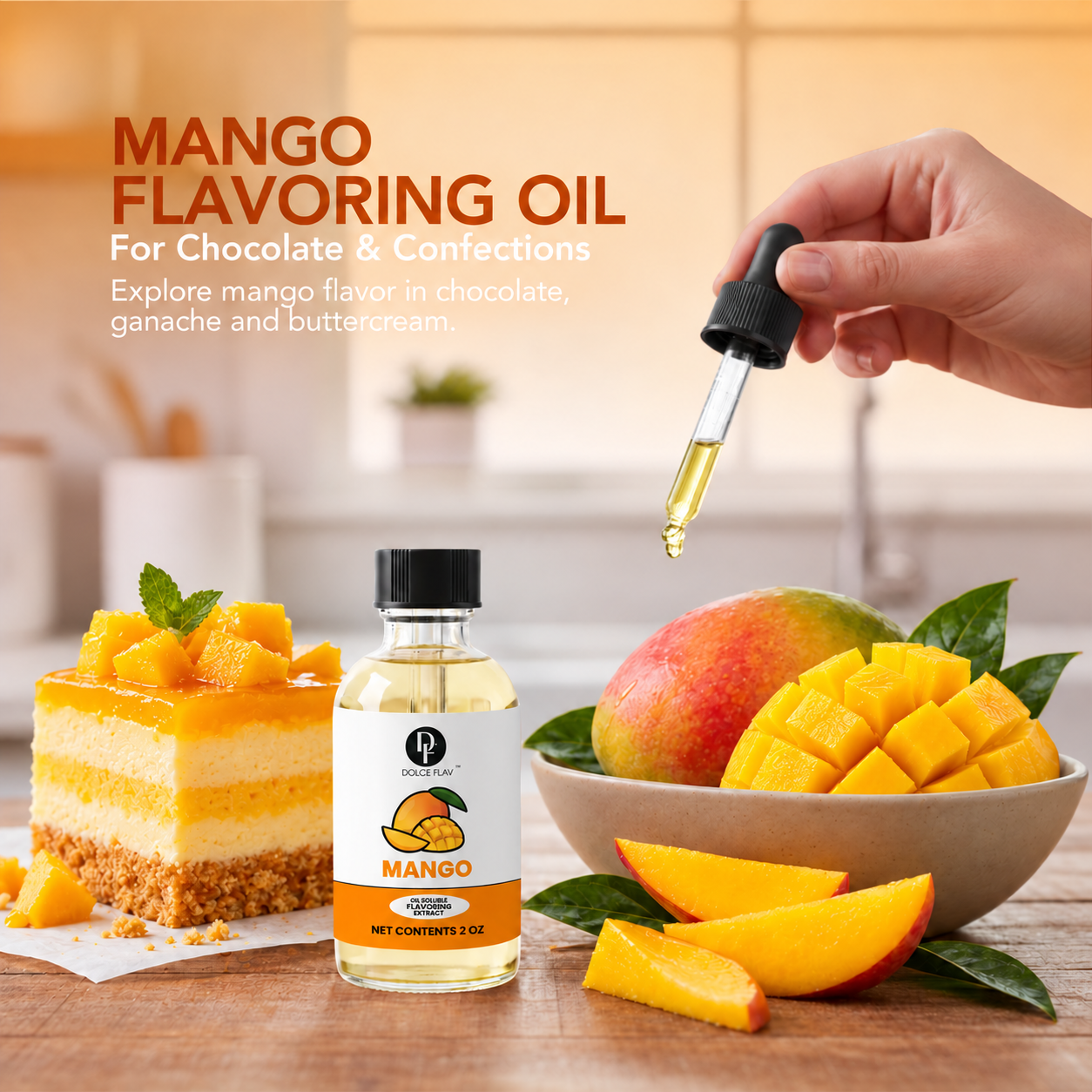 Dolce Flav oil-soluble mango flavoring — bottle in a kitchen dessert scene.