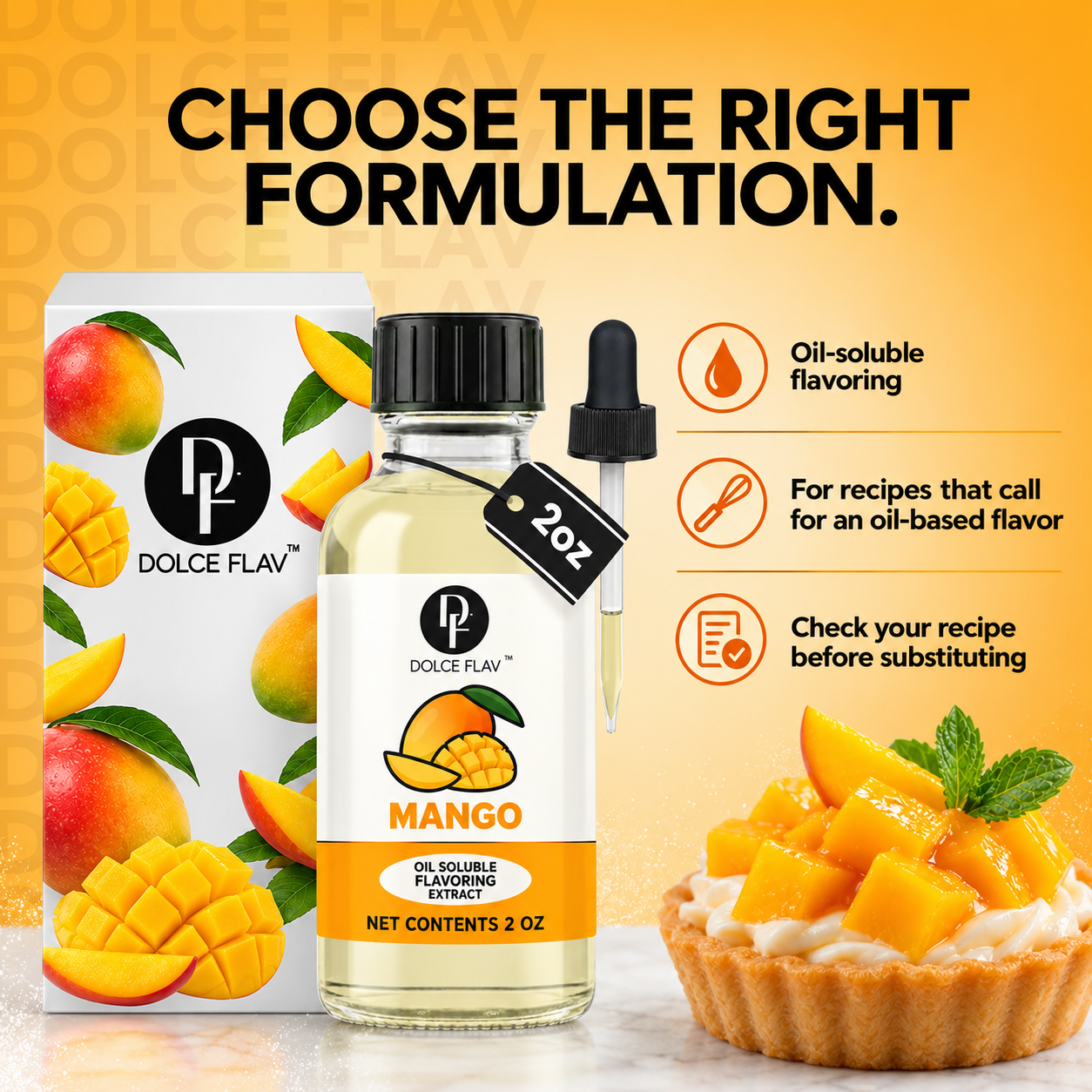 Dolce Flav oil-soluble mango flavoring — guide to choosing oil-soluble flavoring for compatible recipes.