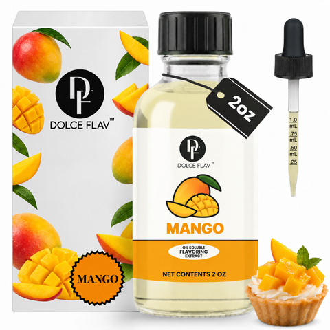 Dolce Flav oil-soluble mango flavoring — 2 oz bottle with carton, dropper and mango dessert.