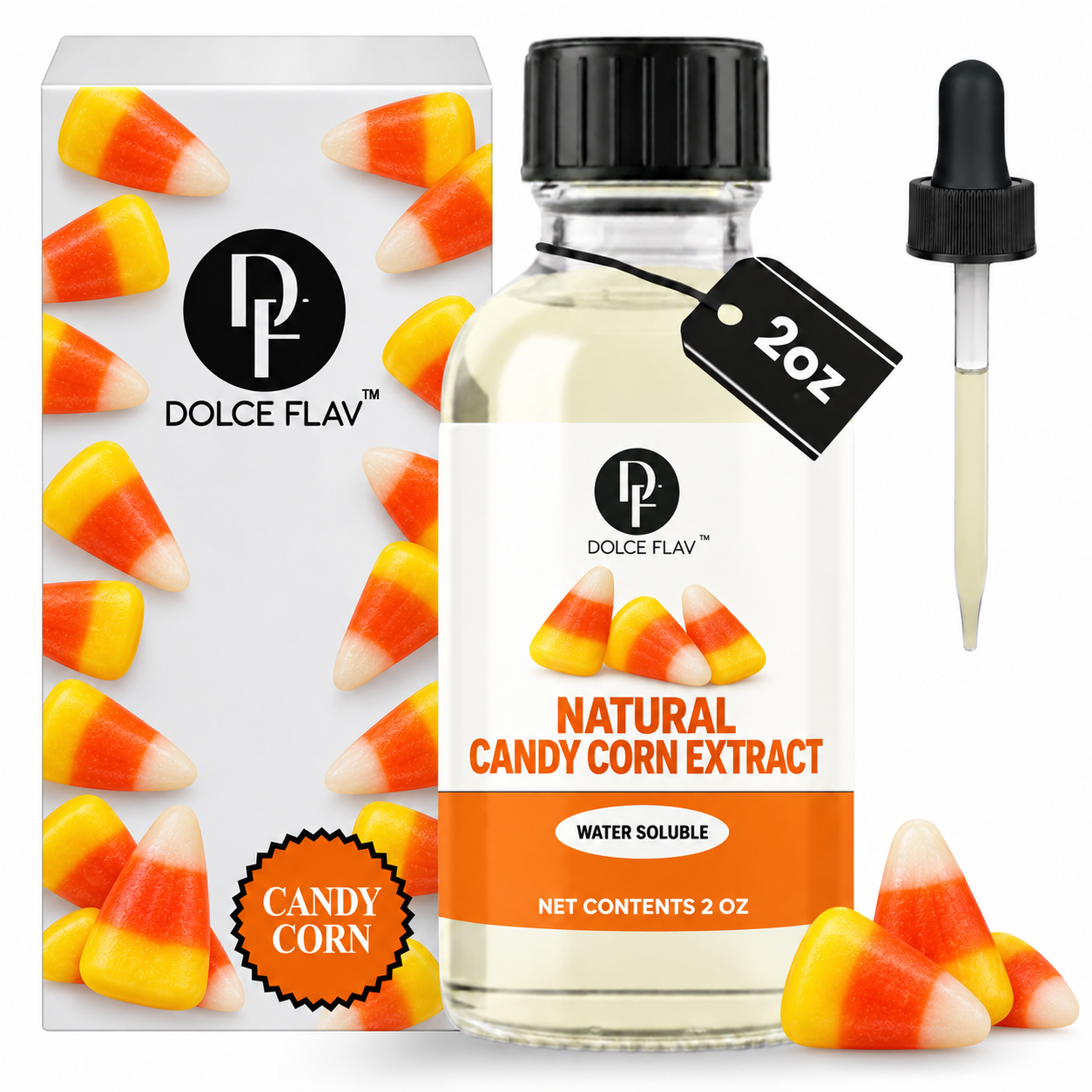 Dolce Flav Natural Candy Corn Extract, 2 oz water-soluble bottle with matching candy corn carton and dropper.