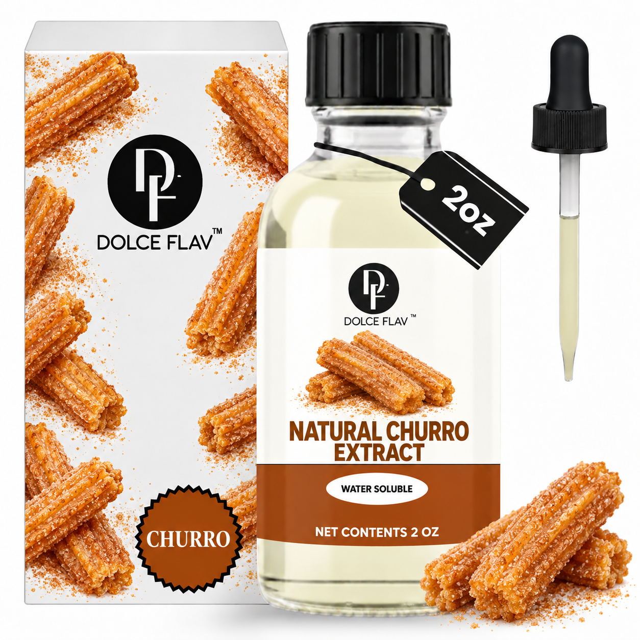 Dolce Flav Natural Churro Extract, 2 oz water-soluble bottle with churro-illustrated carton and dropper.