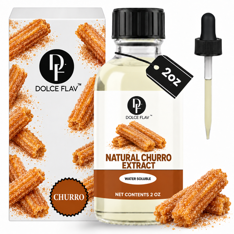 Dolce Flav Natural Churro Extract, 2 oz water-soluble bottle with churro-illustrated carton and dropper.