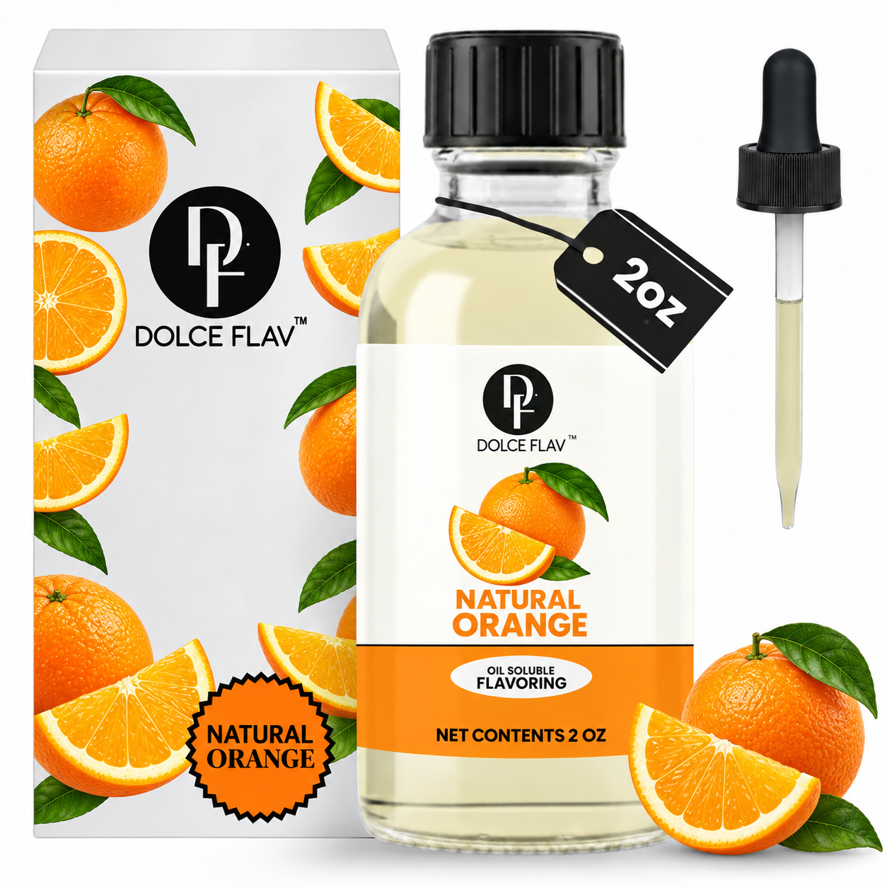 Dolce Flav natural orange oil-soluble flavoring, 2 oz bottle with illustrated orange carton and dropper.