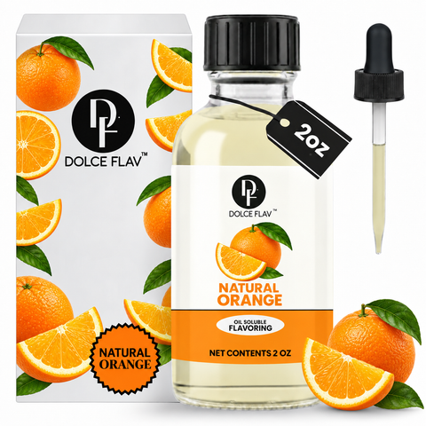 Dolce Flav natural orange oil-soluble flavoring, 2 oz bottle with illustrated orange carton and dropper.