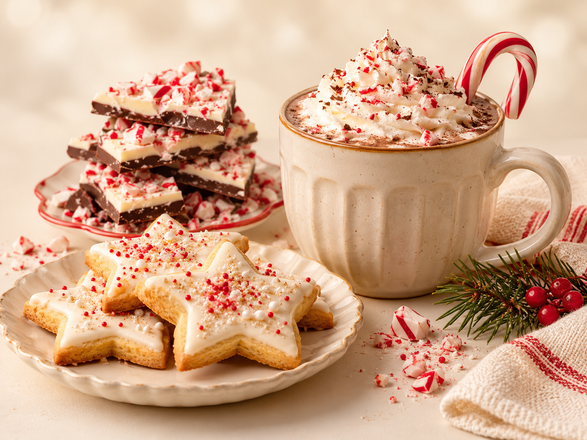 Christmas star cookies, peppermint bark and hot cocoa