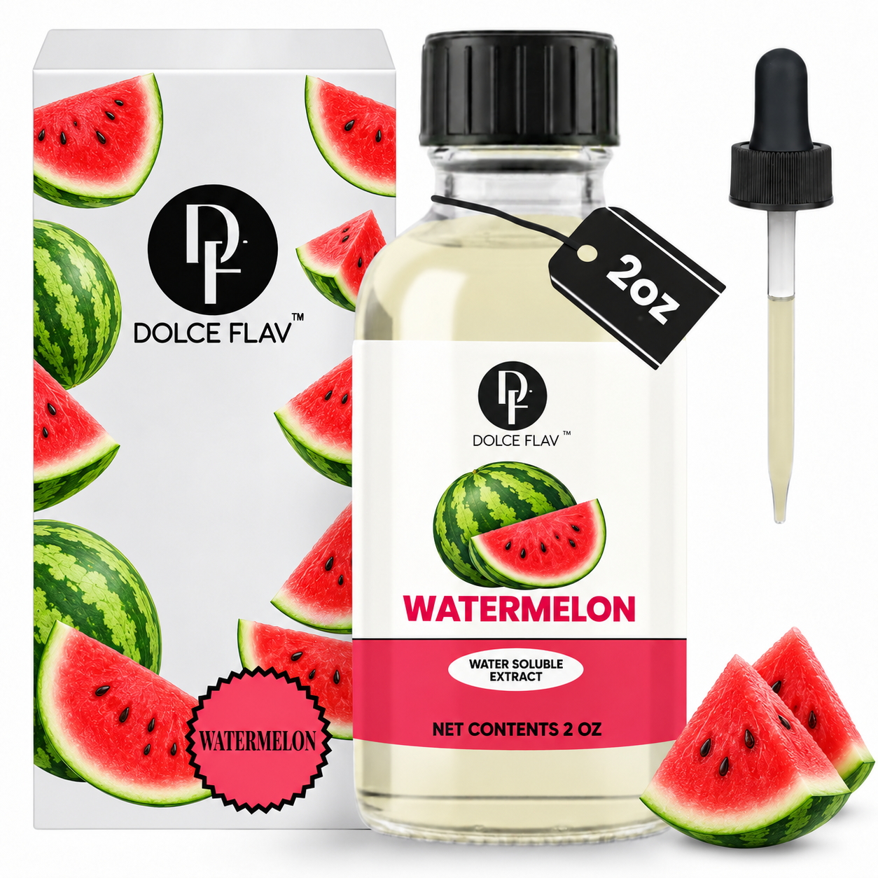 Dolce Flav water-soluble watermelon extract, 2 oz bottle with illustrated watermelon carton and dropper.