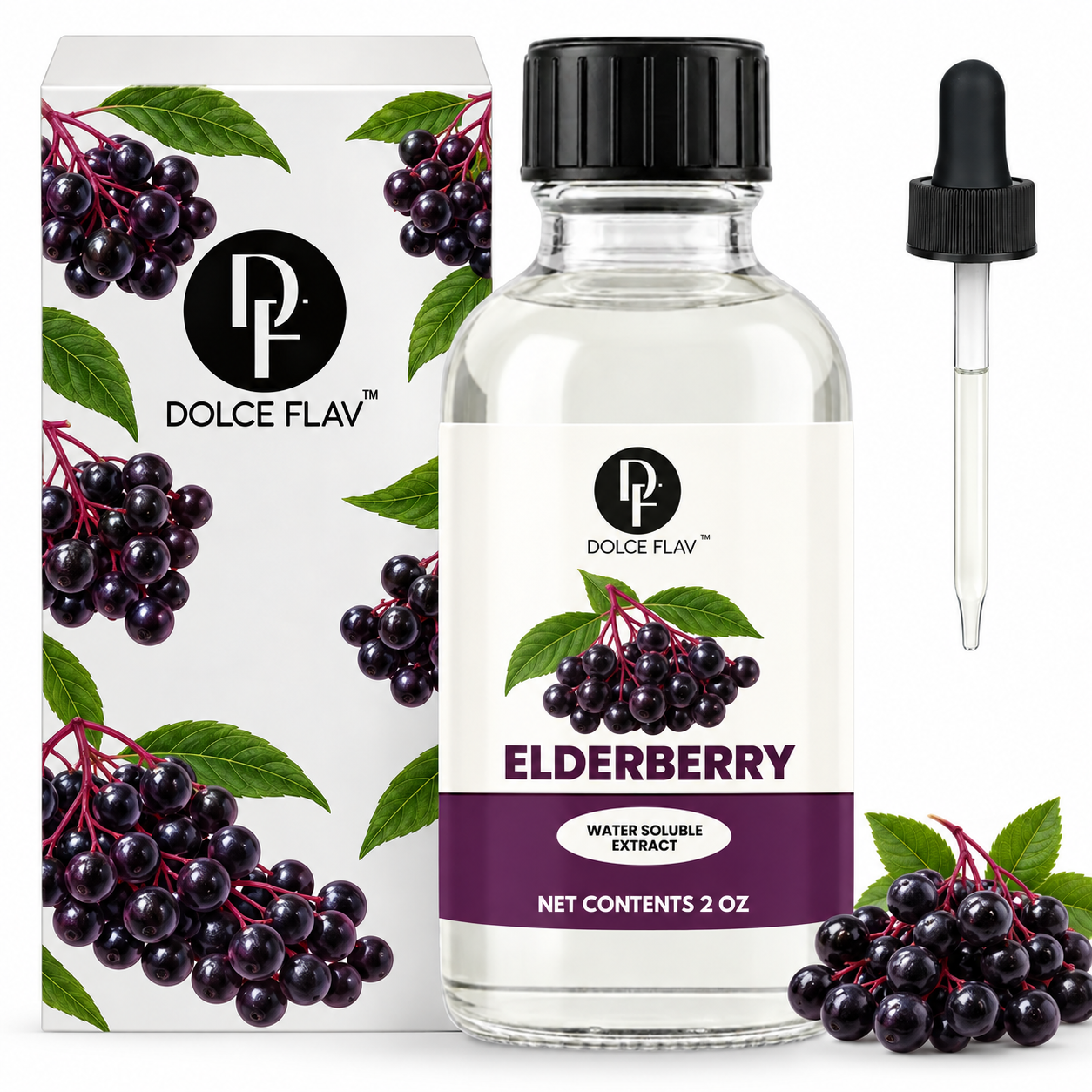Dolce Flav Elderberry water-soluble extract, 2 oz bottle with illustrated carton and separate dropper.