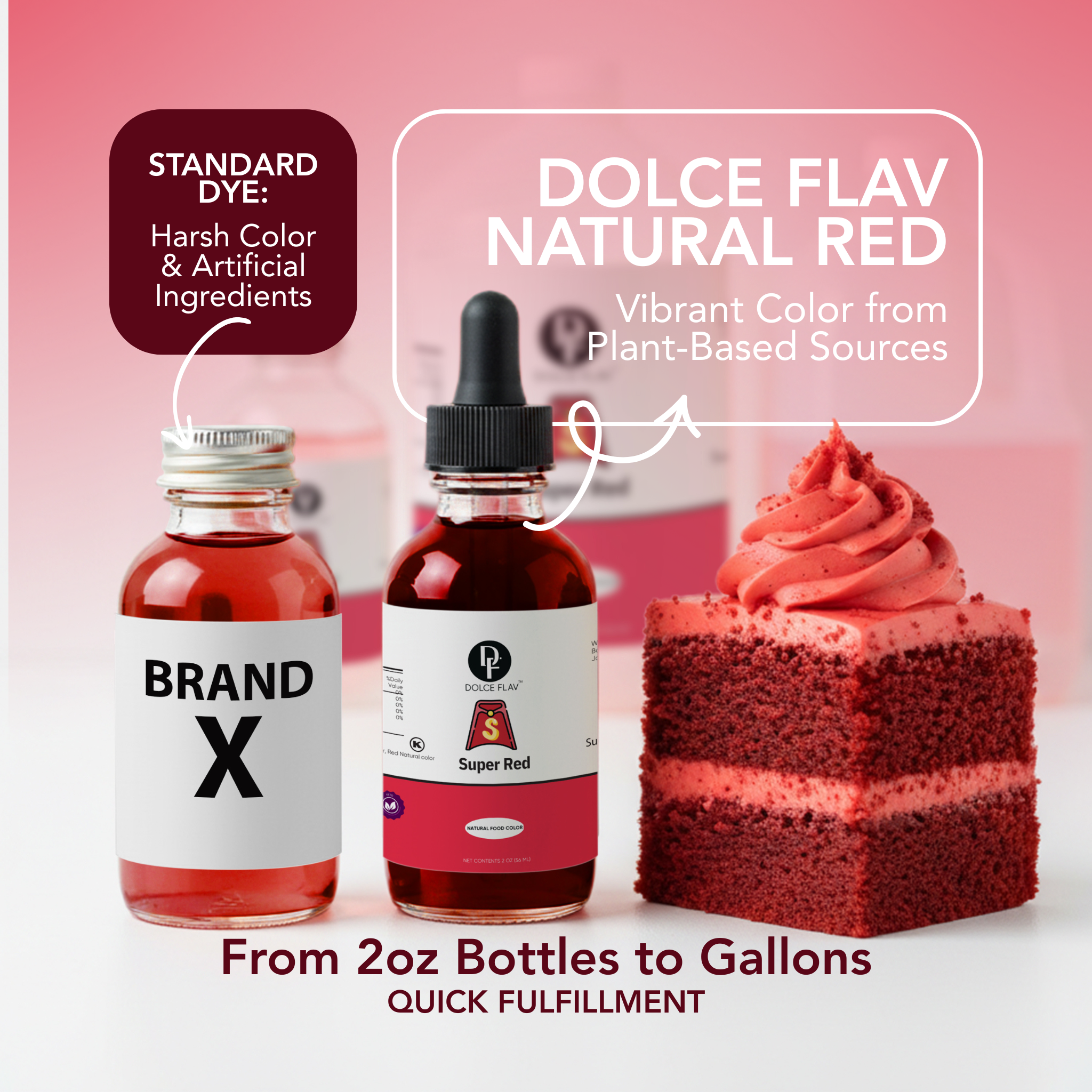 Bottle of Dolce Flav natural red food color next to a cake with red frosting on a pink background.
