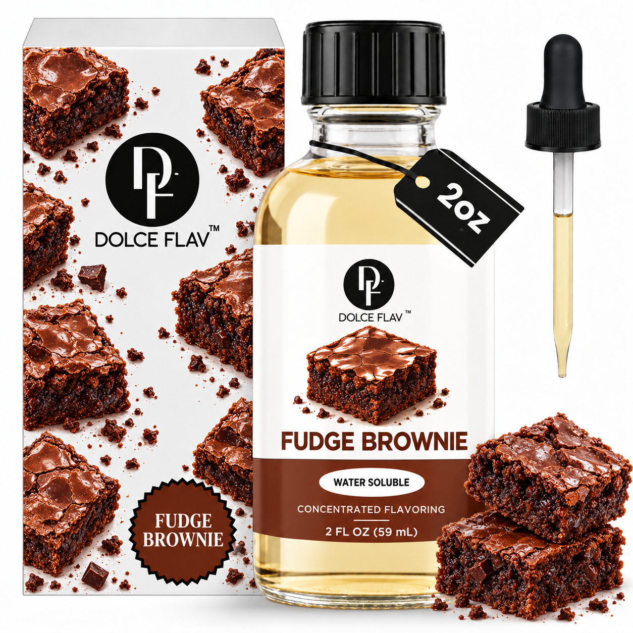 Dolce Flav Fudge Brownie water soluble 2 oz bottle with branded box, dropper and brownies on white