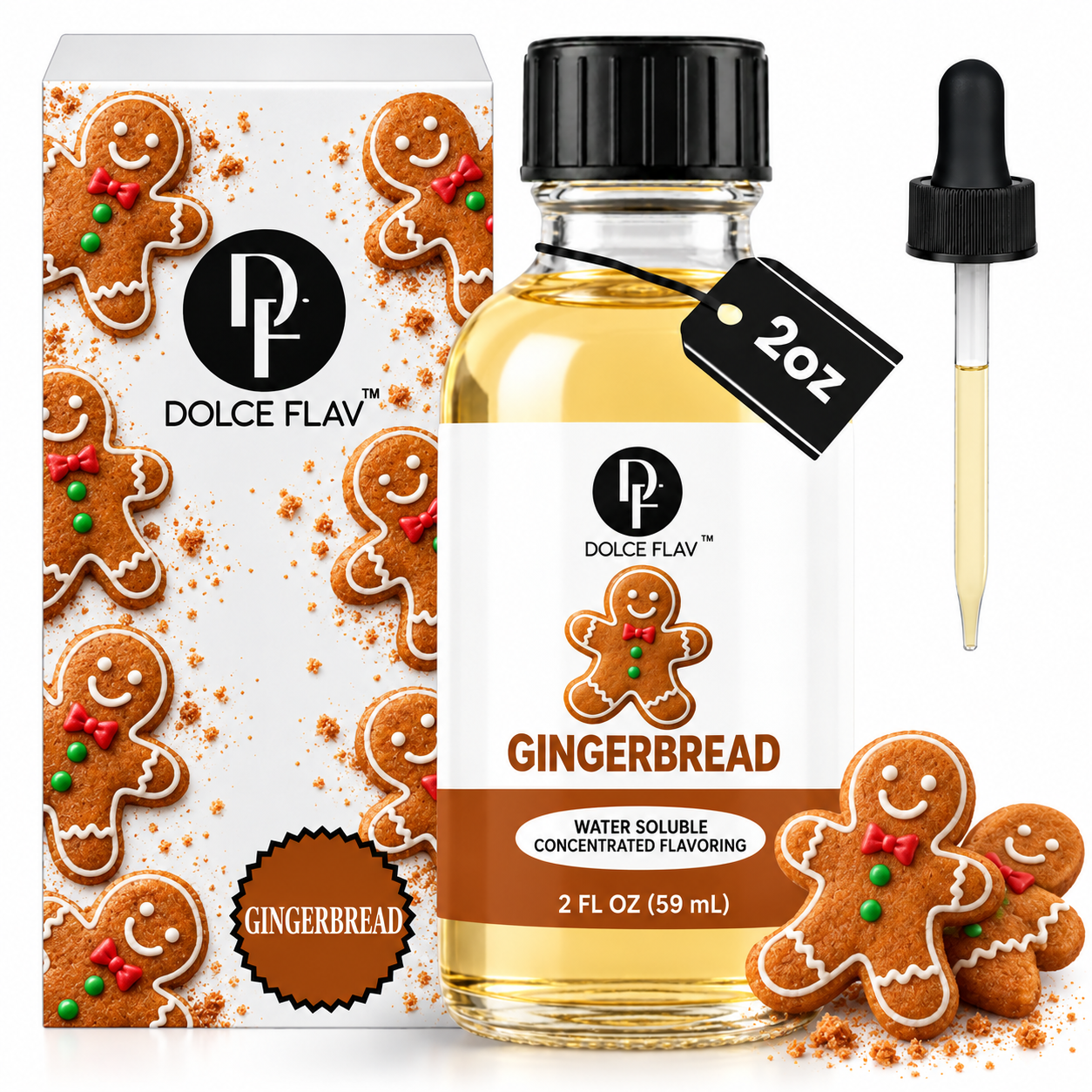 Dolce Flav Gingerbread water soluble 2 oz bottle with branded box, dropper and gingerbread cookies on white