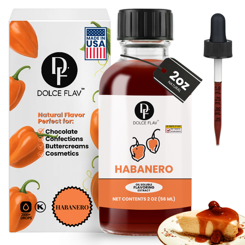 Dolce Flav Habanero flavoring extract with packaging and a sample on a white background