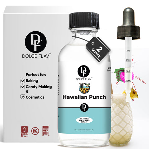 Dolceflav Hawaiian Punch bottle with dropper and Hawaiian punch drink behind