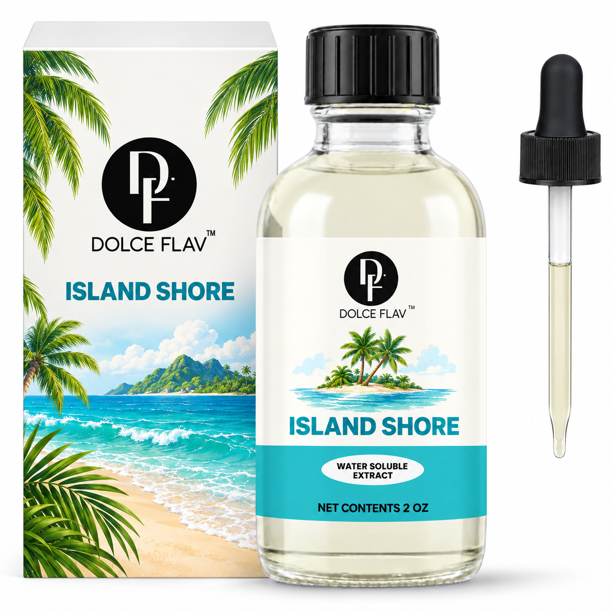 Dolce Flav Island Shore water-soluble extract, 2 oz bottle with illustrated carton and separate dropper.
