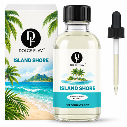 Dolce Flav Island Shore water-soluble extract, 2 oz bottle with illustrated carton and separate dropper.
