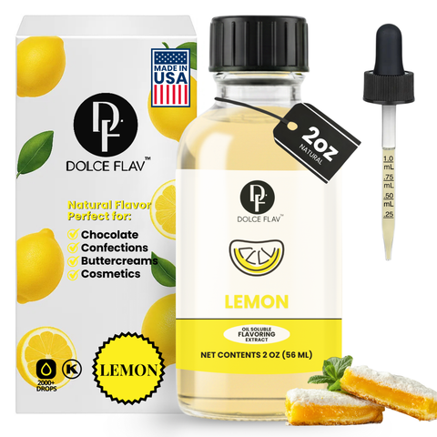 Dolce Flav lemon flavoring extract with packaging, dropper, and lemon wedge on a white background