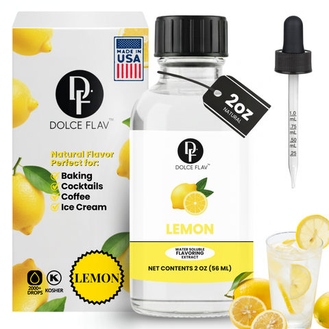 Dolce Flav lemon flavoring extract with packaging, bottle, dropper, and lemon slices on a white background.