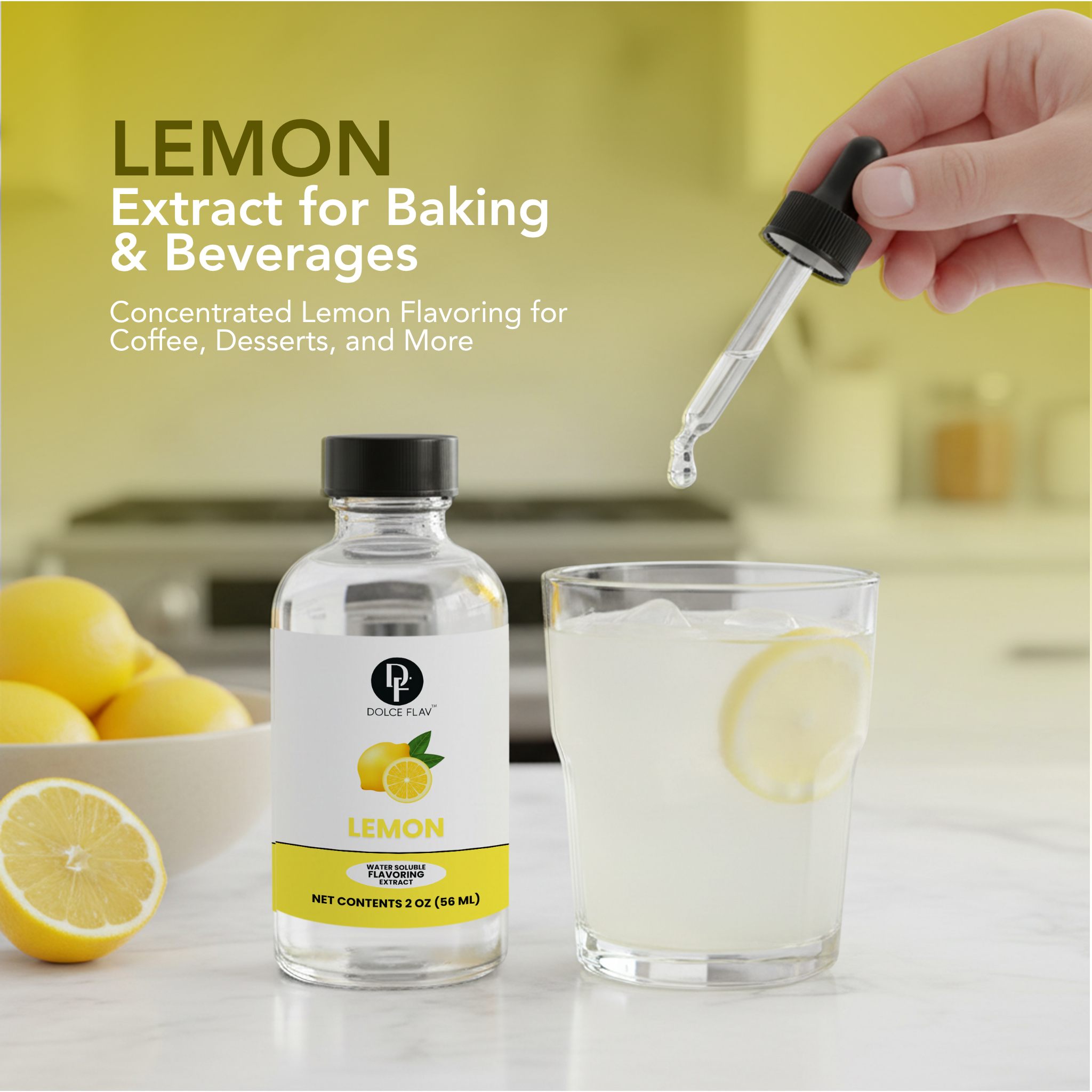 Bottle of lemon extract with a dropper, glass of lemonade, and lemons on a kitchen counter.