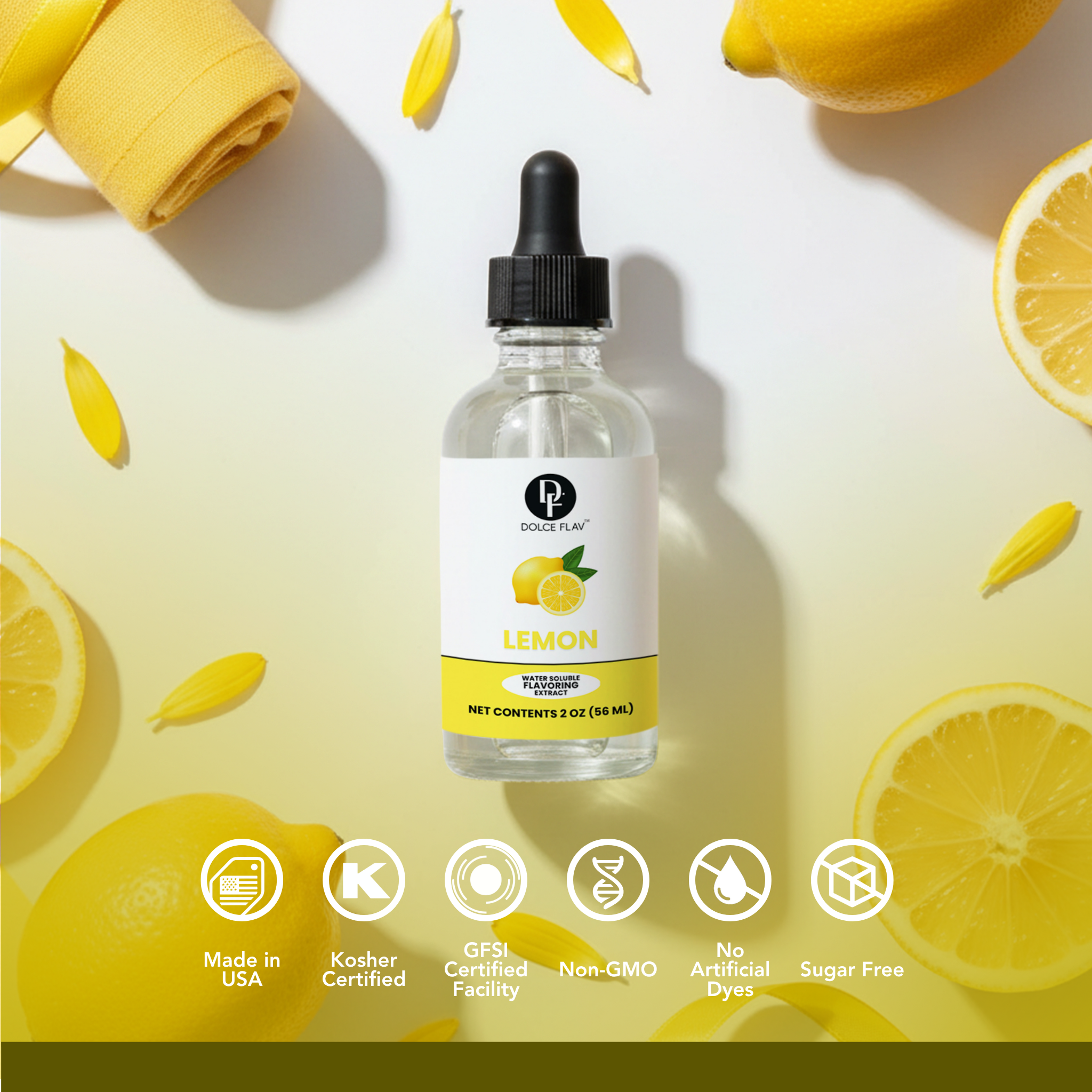 Bottle of lemon-flavored liquid with lemons on a yellow background