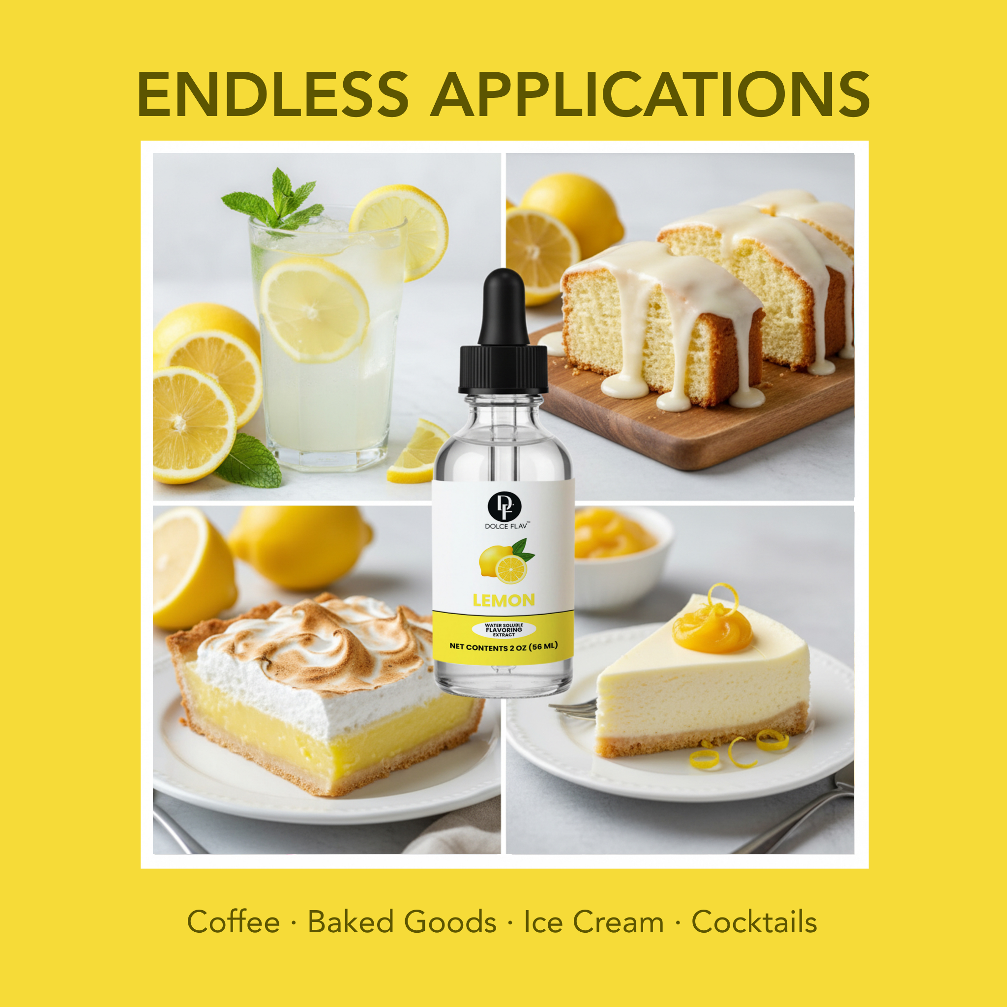 Bottle of lemon extract with lemon-themed food items on a yellow background