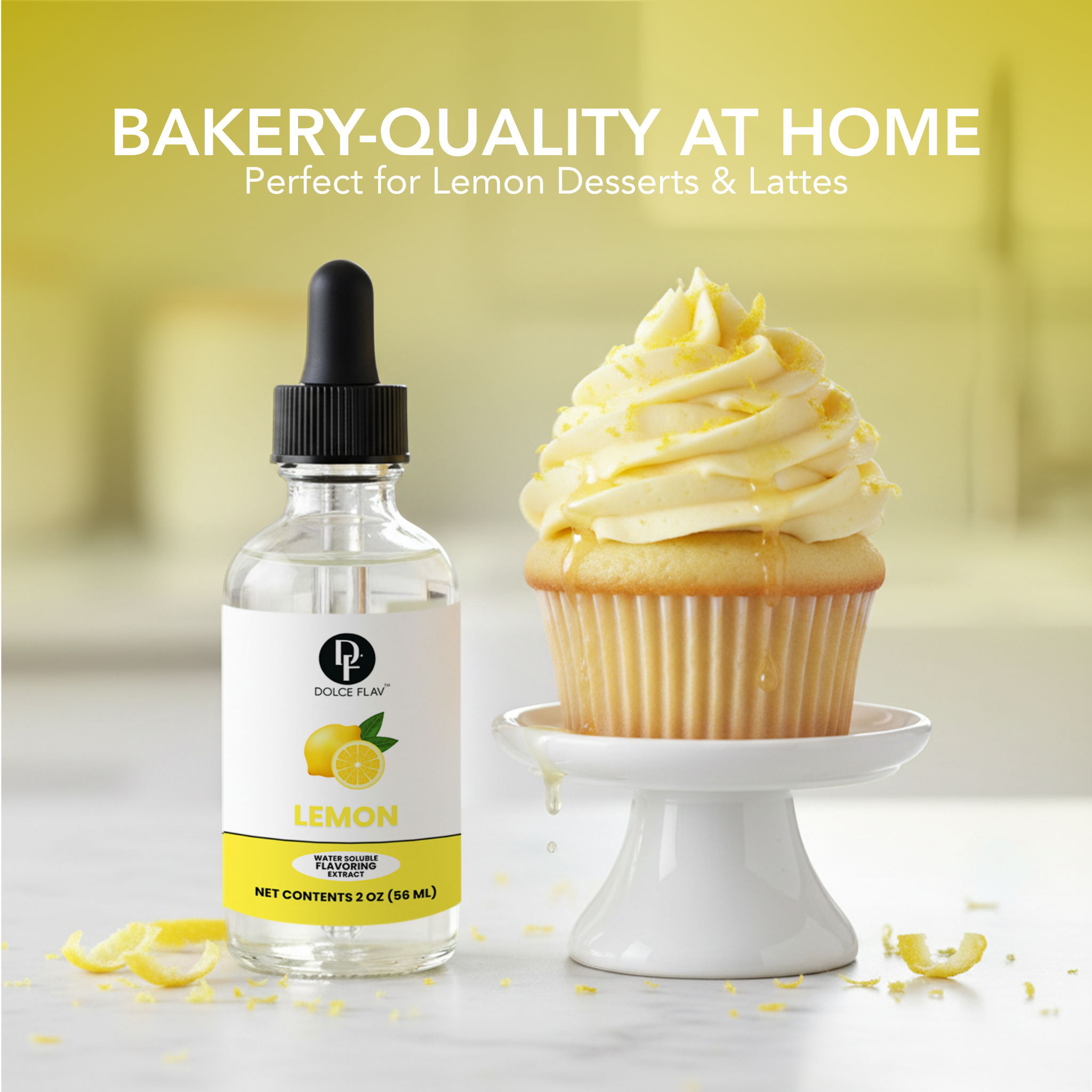 Bottle of lemon flavoring next to a cupcake with lemon frosting on a light background.