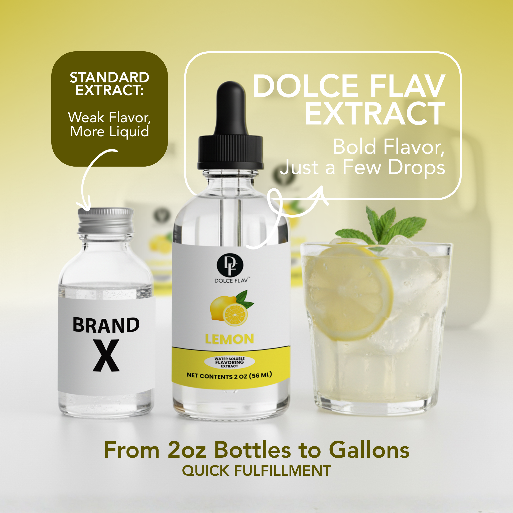 Comparison of Brand X and Dolce Flav extract bottles with a lemonade glass on a light background.