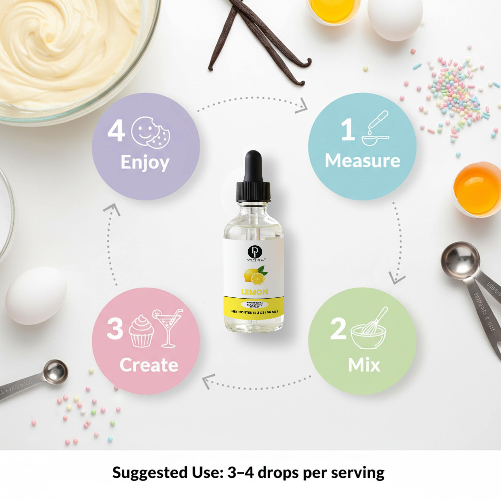Bottle of lemon extract with cooking ingredients and steps on a white background